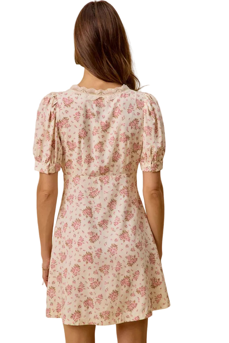 Cream floral mini dress, lace-trimmed back yoke and gathered short puff sleeves