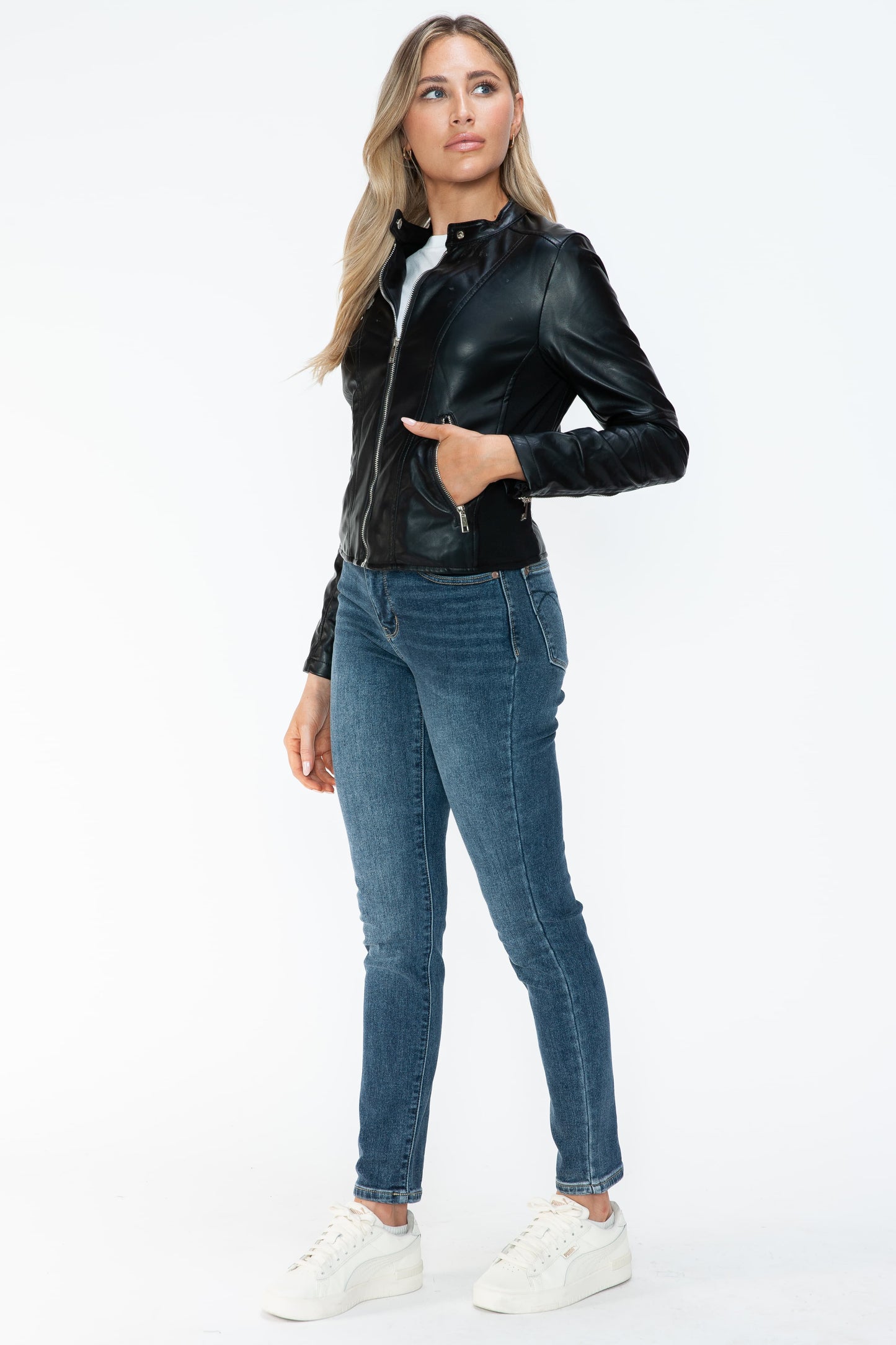 Black PU Leather Zip Up Jacket with Pockets