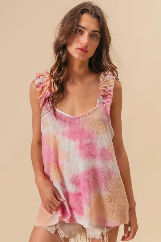 Tie Dye Printed Textured Woven with Ruffled Shirt - Tigbul's Variety Fashion Shop