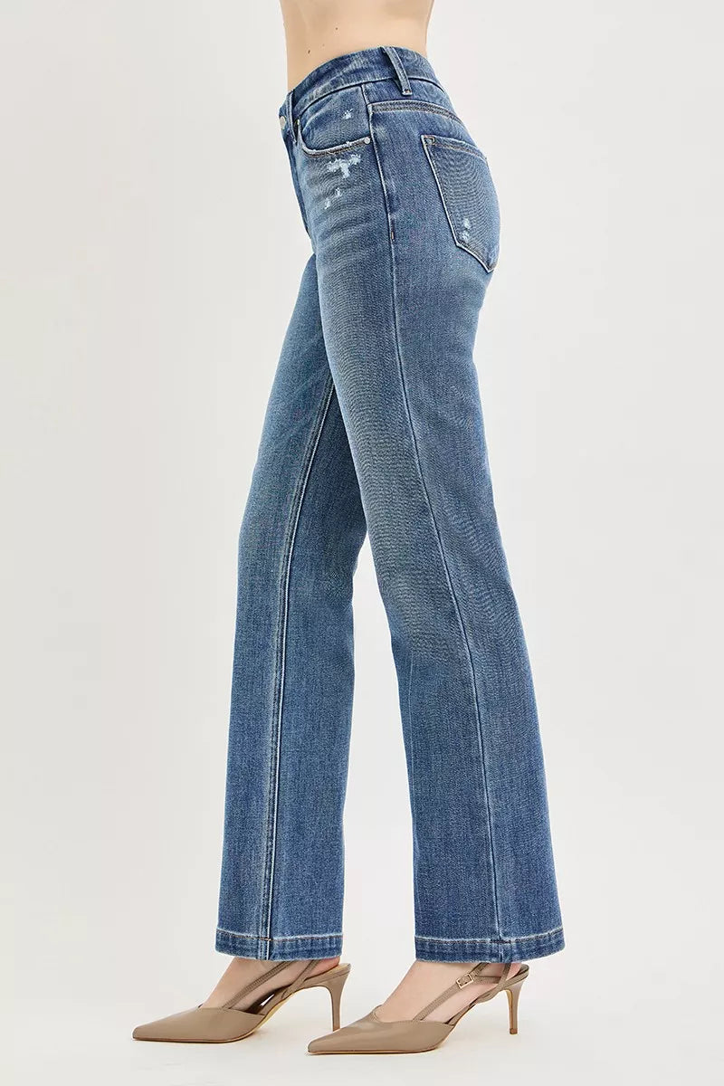 Medium-wash straight jeans side/back view with rear yoke seam and straight-leg fit