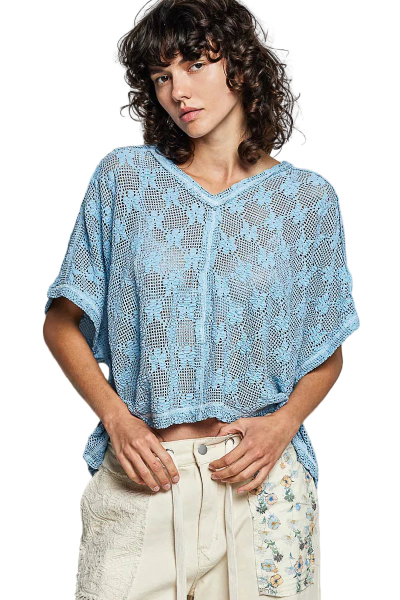 Blue crochet lace short sleeve top with V-neck and vertical openwork texture