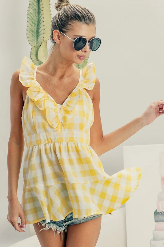 Ruffled Neckline Sleeveless Check Plaid Peplum Top - Tigbul's Variety Fashion Shop