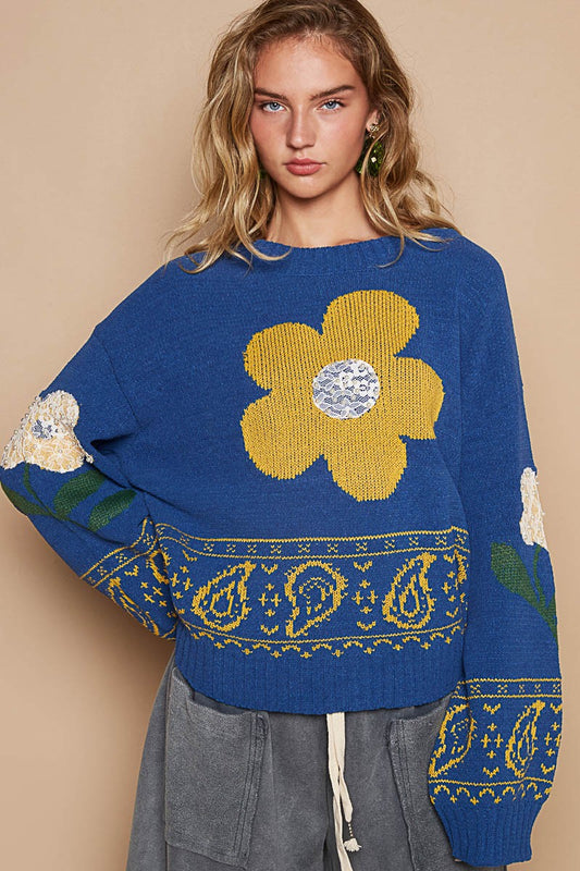 POL Flower Lace Patch Long Sleeve Sweater - Tigbul's Variety Fashion Shop