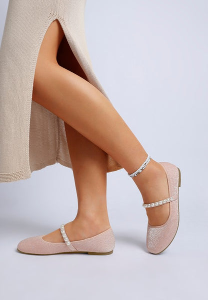 Corphee Pearl Strapped Glitter Ballerinas - Tigbul's Variety Fashion Shop