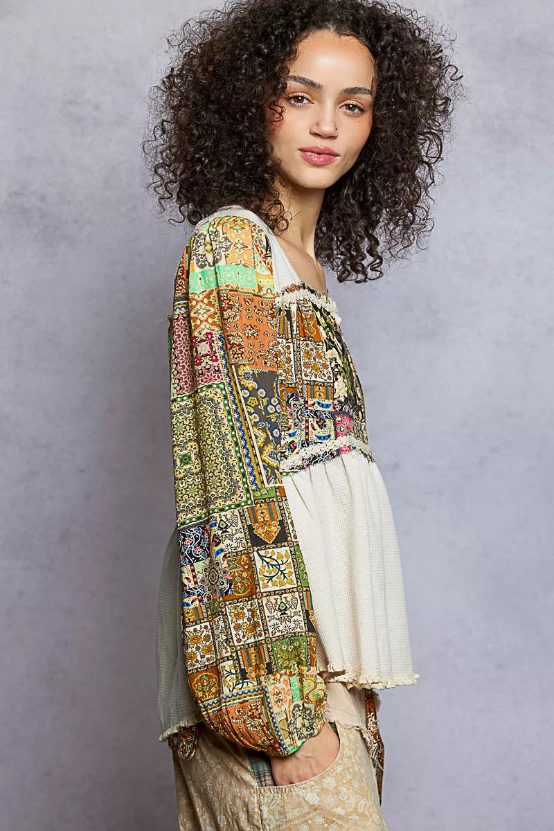 POL Balloon Sleeve Peplum Blouse with Trim Detail - Tigbul's Variety Fashion Shop