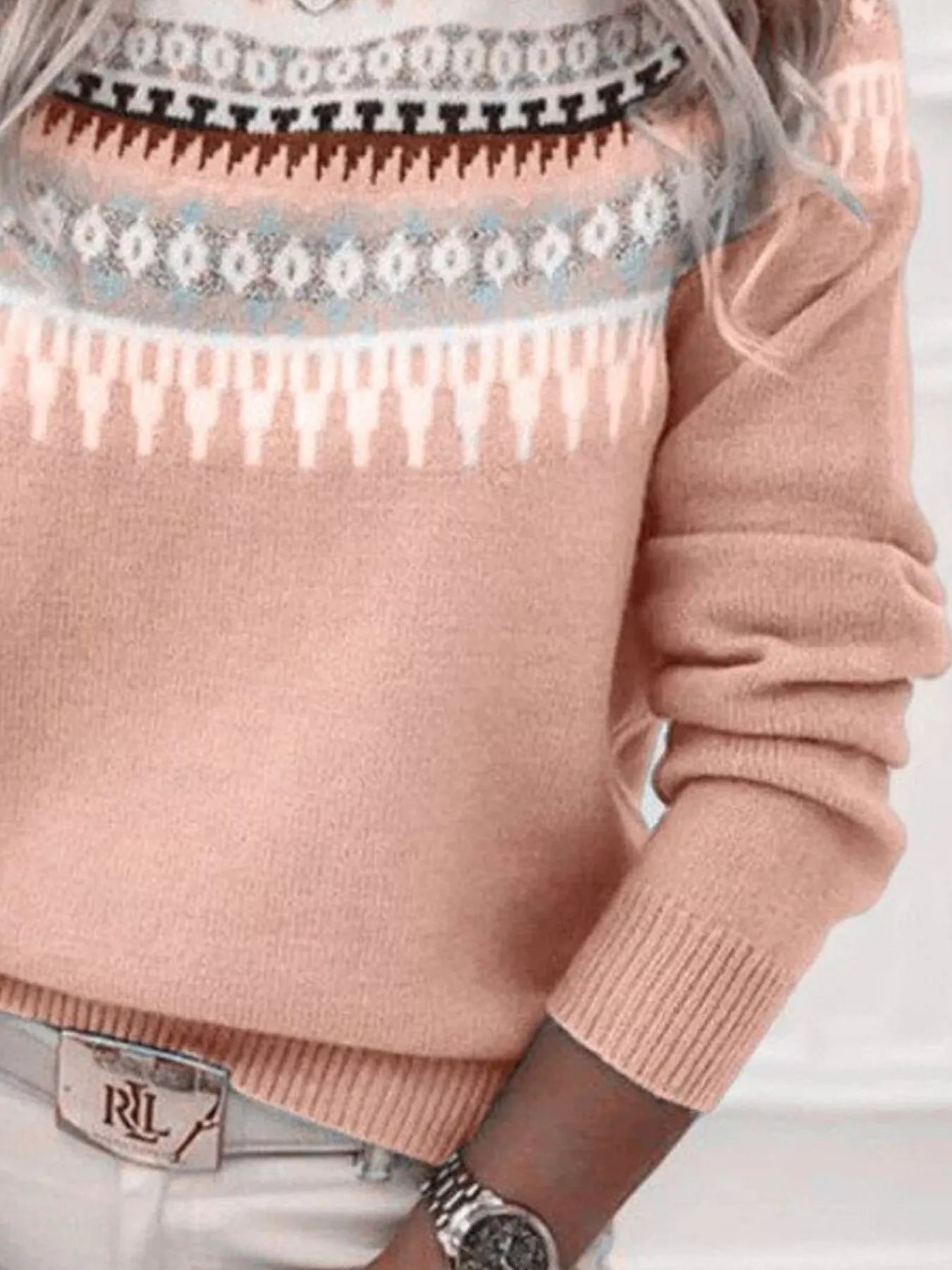 Full Size Vintage Patterned Round Neck Sweater Plus Size - Tigbul's Variety Fashion Shop