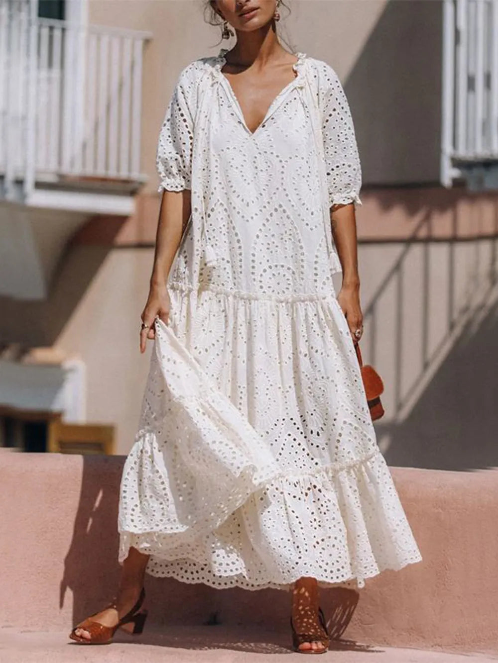 Tie Neck Half Sleeve Tiered Dress - Tigbul's Variety Fashion Shop