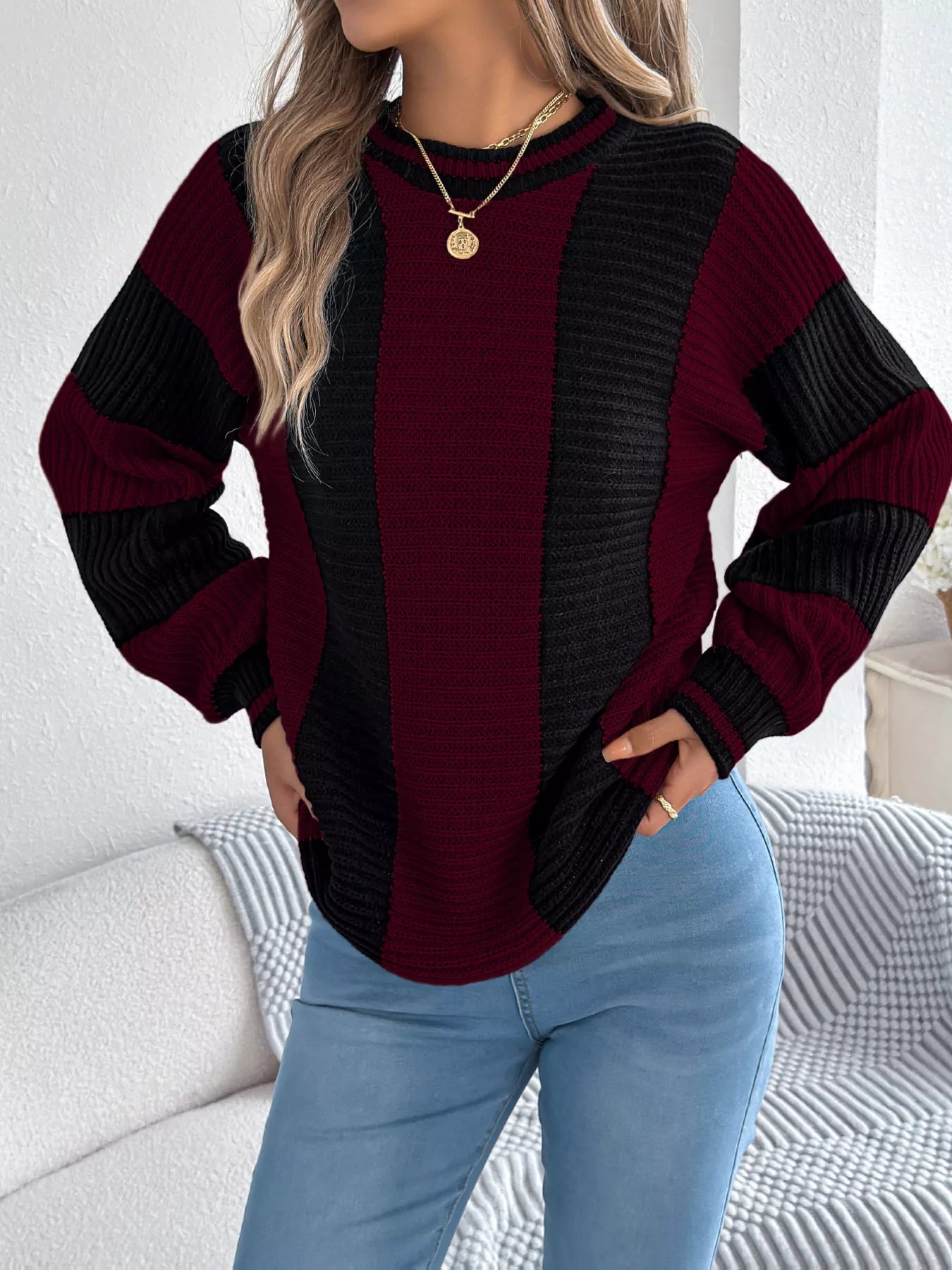 Color Block Round Neck Sweater - Tigbul's Variety Fashion Shop