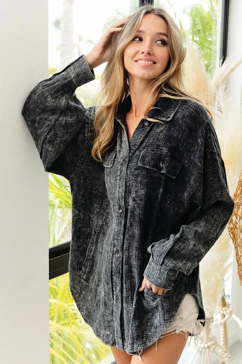 BiBi Vintage Washed Wrinkle Gauze Shacket - Tigbul's Variety Fashion Shop
