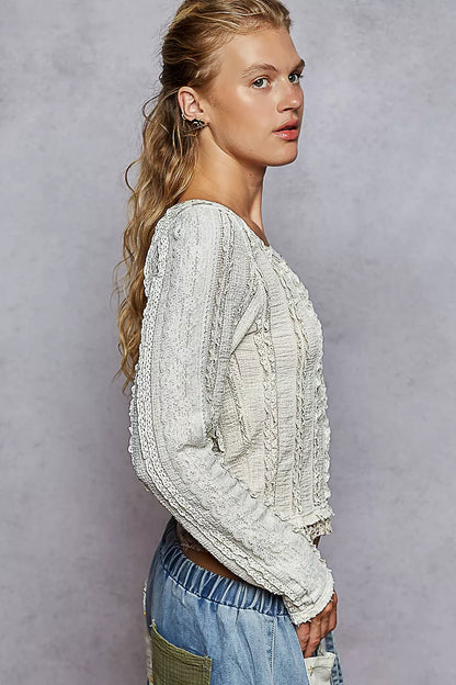 POL Texture Long Sleeve Blouse with Floral Ruffled - Tigbul's Variety Fashion Shop