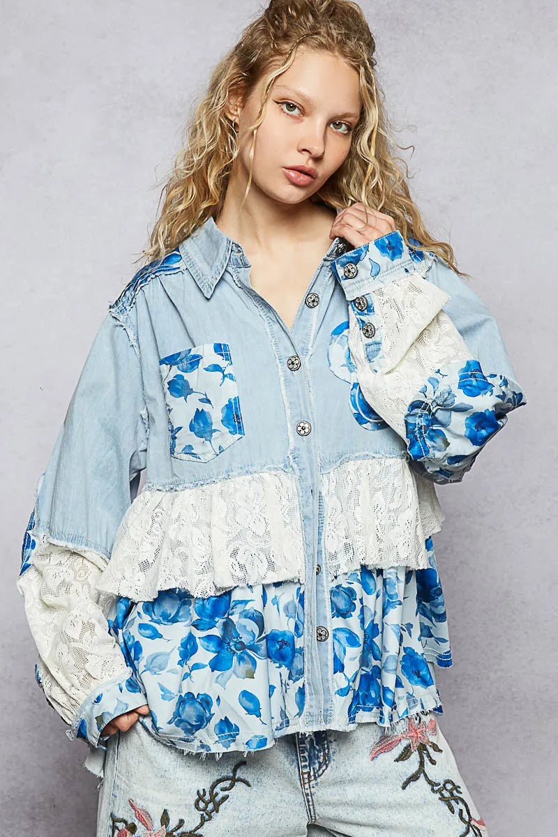 POL Floral Patchwork Denim Shirt with Lace Trim Details - Tigbul's Variety Fashion Shop