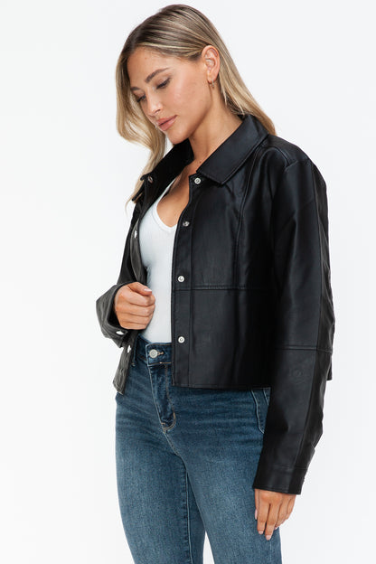 Black Snap Down Long Sleeve PU Leather Jacket