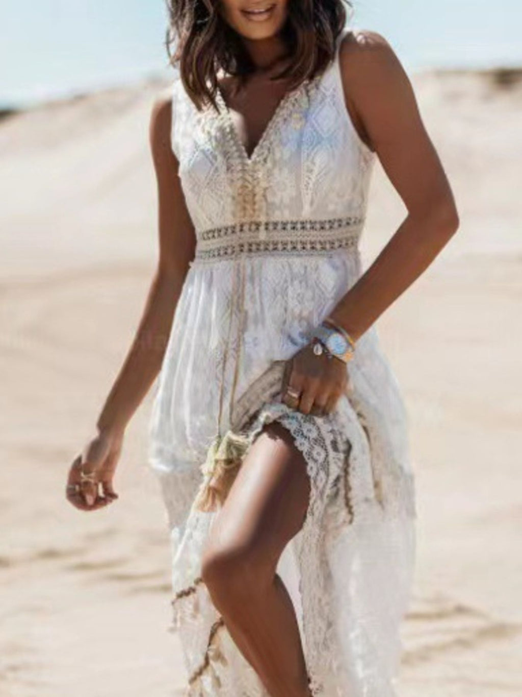 White lace V-neck sleeveless maxi dress with asymmetric side drape detail