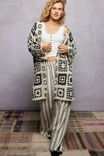 POL Open Front Crochet Cardigan with Granny Square Pattern - Tigbul's Variety Fashion Shop