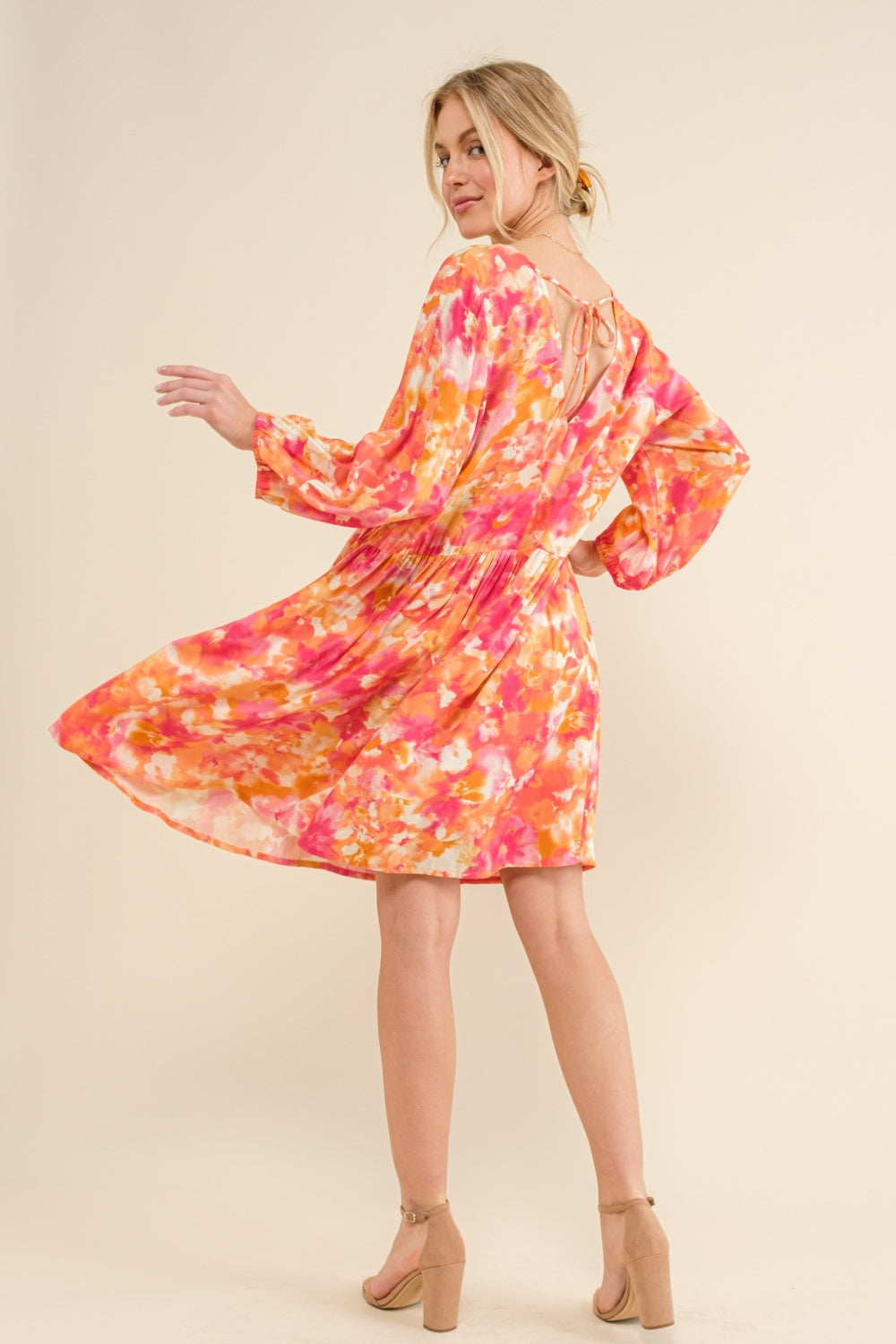 And The Why Full Size Printed Tie Back Long Sleeve Dress - Tigbul's Variety Fashion Shop