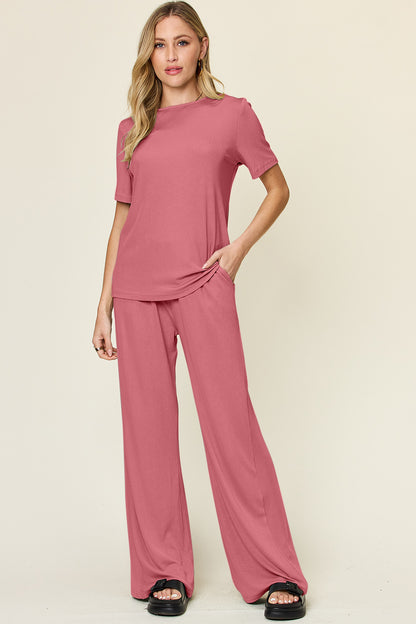 Double Take Full Size Round Neck Short Sleeve T-Shirt and Wide Leg Pants Set - Tigbul's Variety Fashion Shop