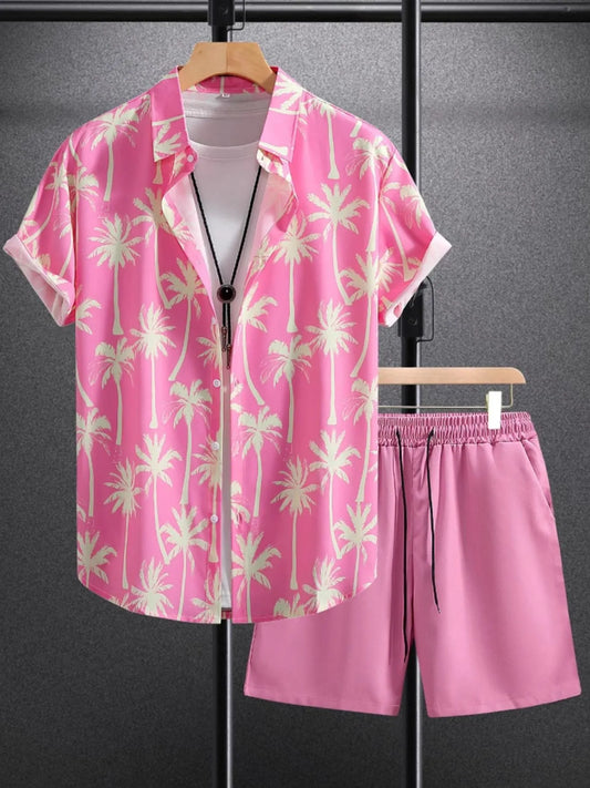 Men's Palm Tree Print Top and Shorts Summer Set - Tigbul's Variety Fashion Shop