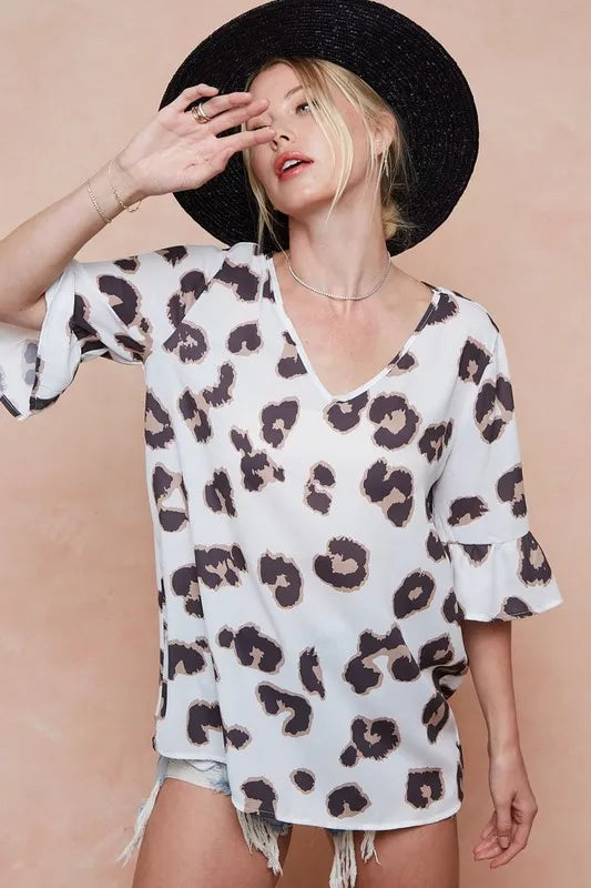 BiBi Leopard Printed V Neck Woven Top with Ruffled - Tigbul's Variety Fashion Shop