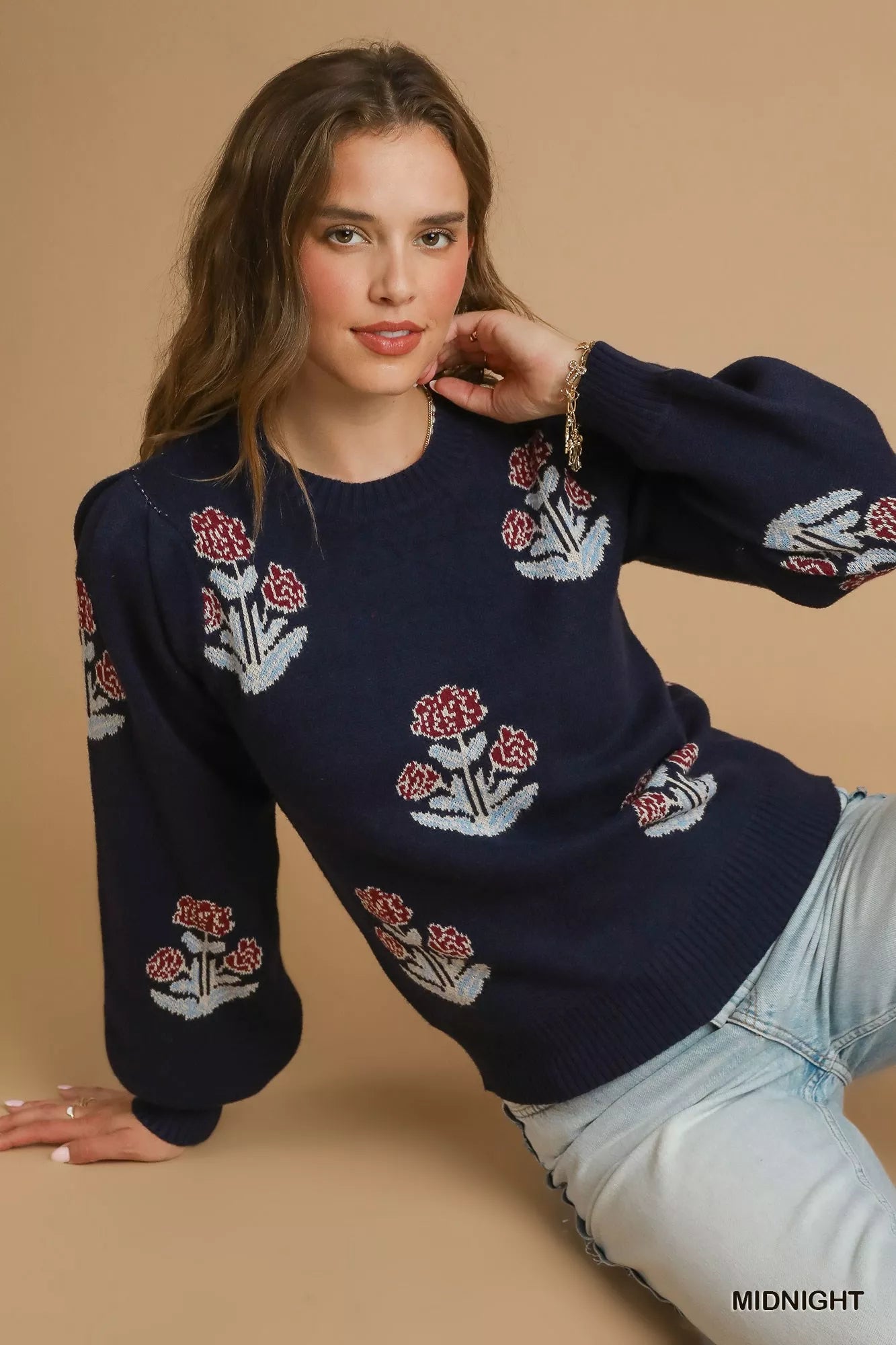 Umgee Floral Knit Sweater with Puff Sleeves - Tigbul's Variety Fashion Shop