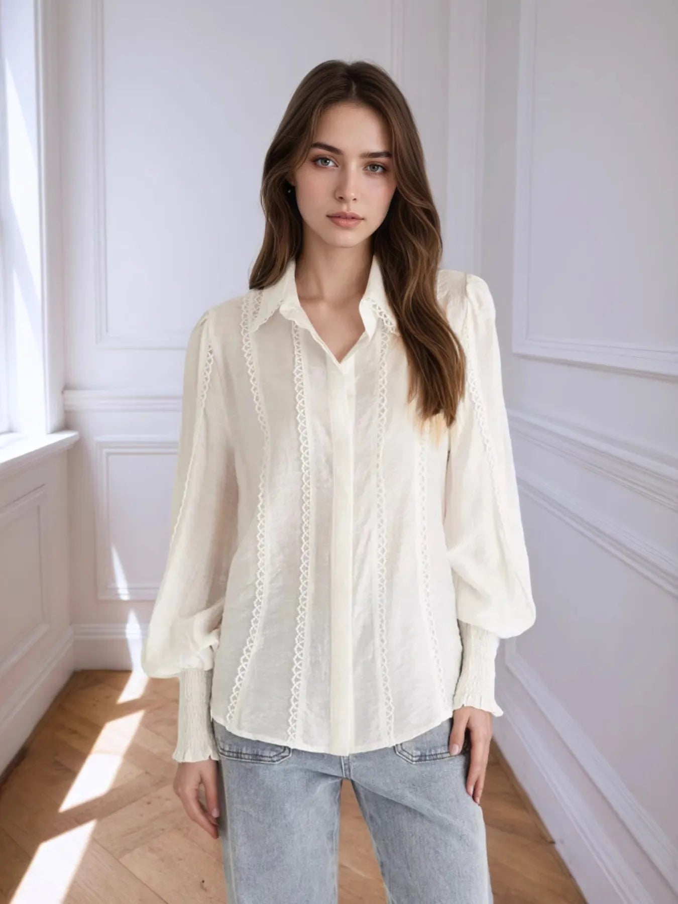 Collared Neck Lantern Sleeve Shirt - Tigbul's Variety Fashion Shop