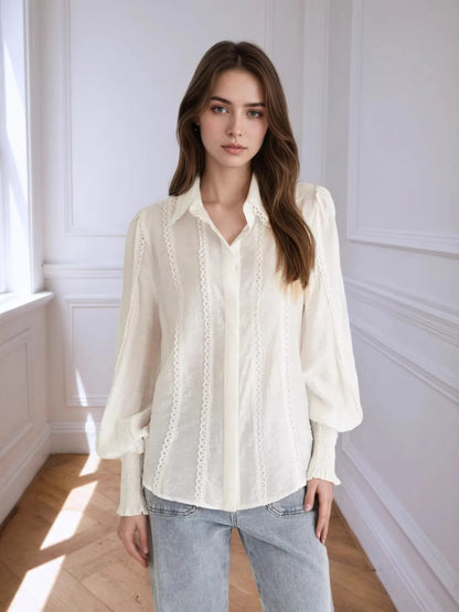 Collared Neck Lantern Sleeve Shirt - Tigbul's Variety Fashion Shop