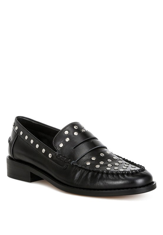 Oglavia Stud Embellished Black Genuine Leather Loafers - Tigbul's Variety Fashion Shop