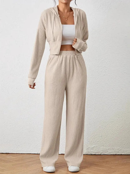 Drawstring Zip Up Hooded Top and Pants Set - Tigbul's Variety Fashion Shop