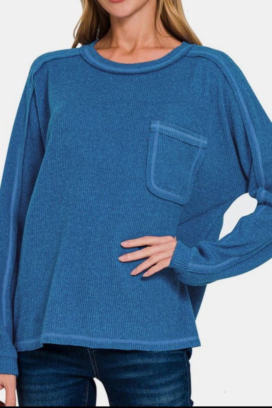 Royal Blue Contrast Stitching Brushed Ribbed Hacci Knit Top Plus Size - Tigbul's Variety Fashion Shop