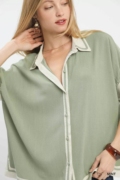Linen Button Front Top with Contrast Piping - Tigbul's Variety Fashion Shop