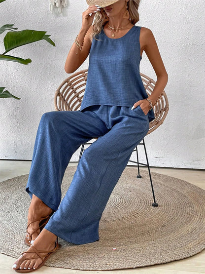 Round Neck Tank and Wide Leg Pants Set - Tigbul's Variety Fashion Shop