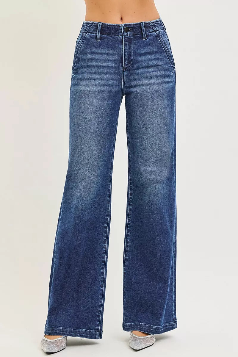 Dark-wash high-rise wide-leg jeans, button fly, belt loops