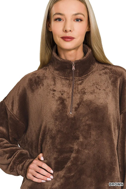 Zenana Faux Fur Half Zip Pocket Pullover - Tigbul's Variety Fashion Shop