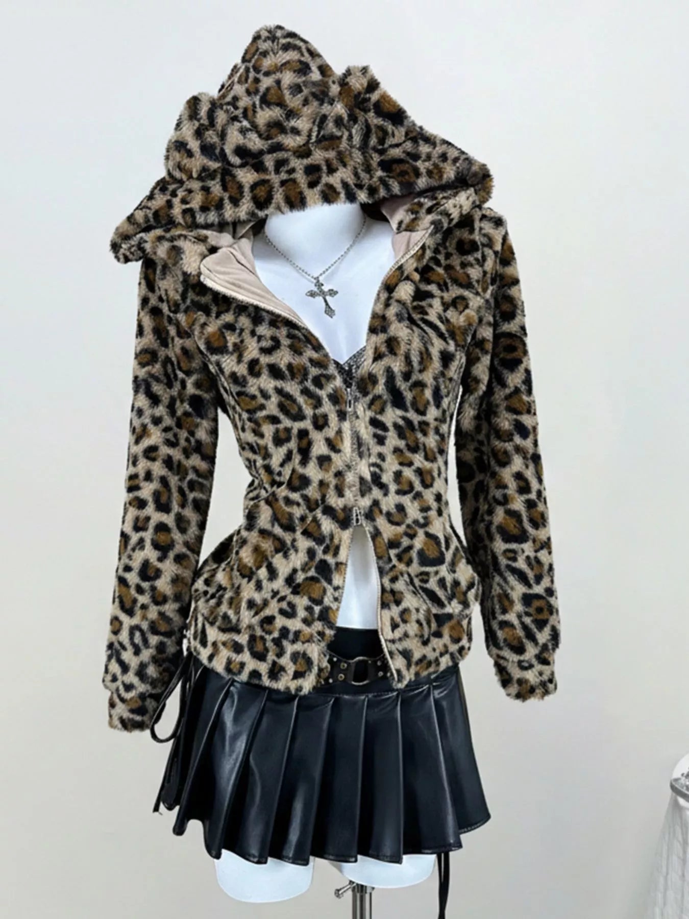 Leopard Plush Zip-Up Hooded Outerwear - Tigbul's Variety Fashion Shop