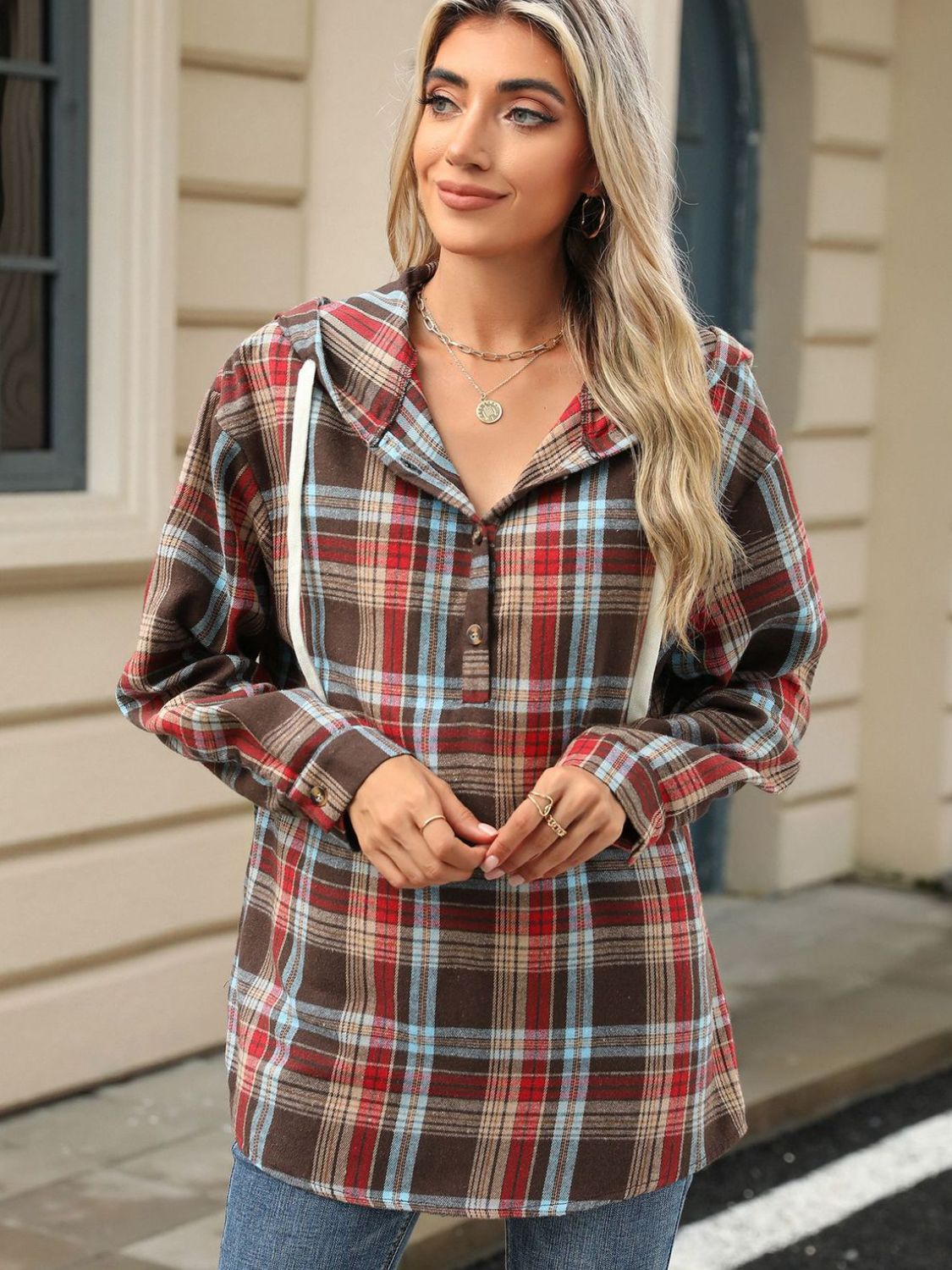 Drawstring Plaid Hooded Long Sleeve Top - Tigbul's Variety Fashion Shop