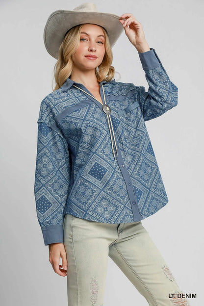 Umgee Paisley Print Denim Shirt Jacket - Tigbul's Variety Fashion Shop