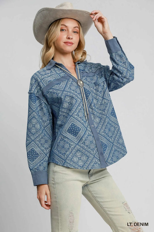 Umgee Paisley Print Denim Shirt Jacket - Tigbul's Variety Fashion Shop