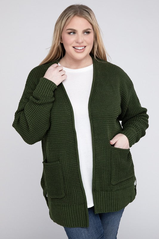 Plus Low Gauge Waffle Open Cardigan Sweater - Tigbuls Variety Fashion