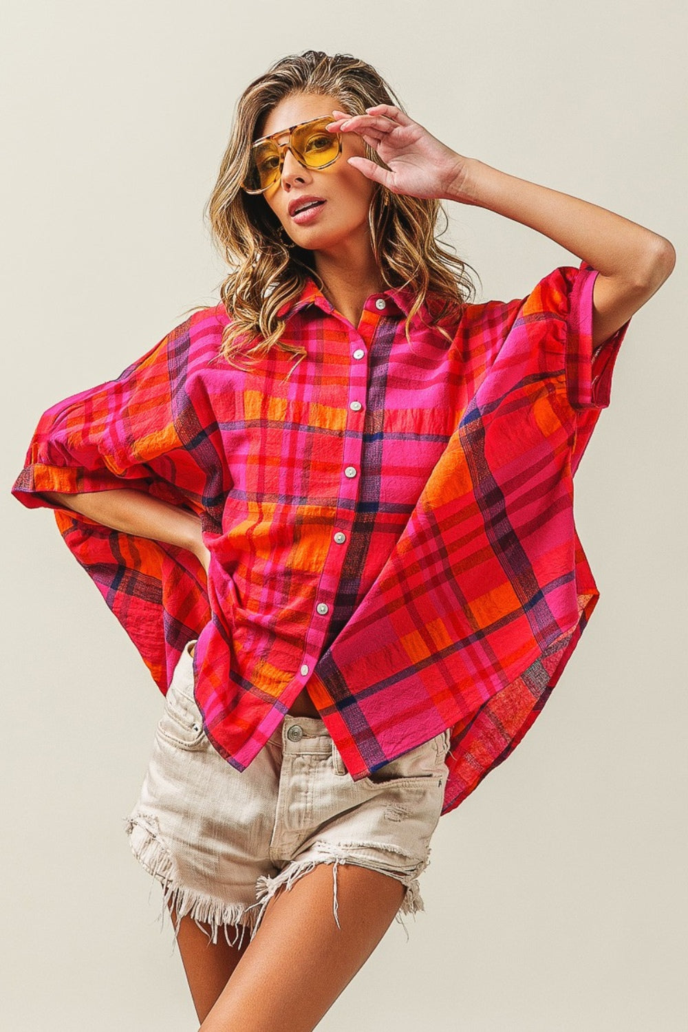 BiBi Button Up Dolman Sleeve Plaid Shirt - Tigbul's Variety Fashion Shop