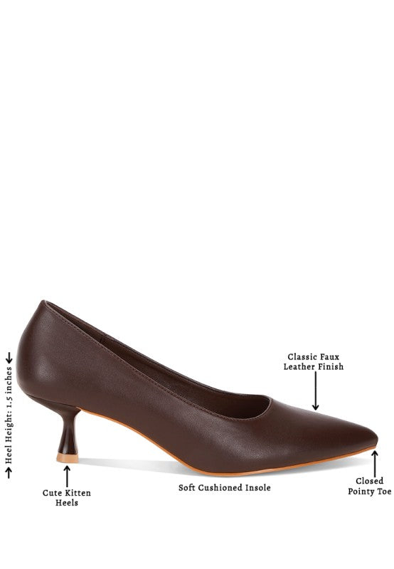 Pointed-toe kitten heels: closed toe, soft cushioned insole, 1.5 in heel height