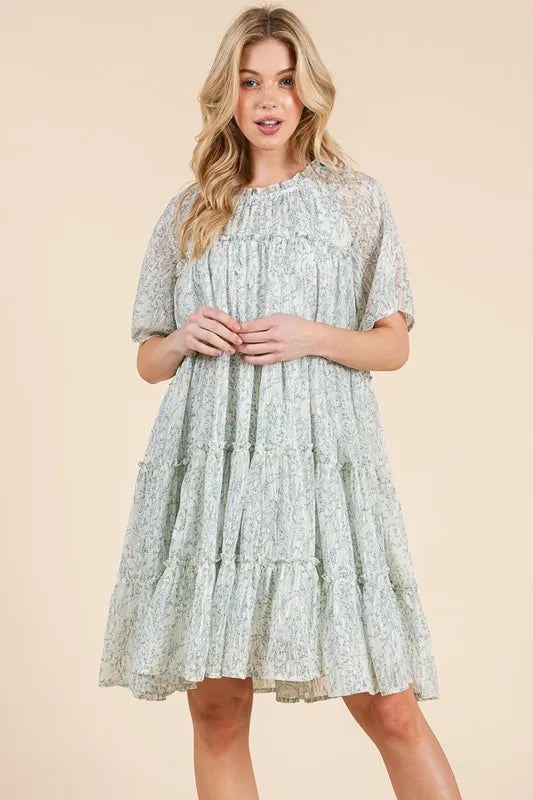 Lime 'N' Chili Ditsy Floral Print Sheer Ruffle Detail Mini Dress - Tigbul's Variety Fashion Shop