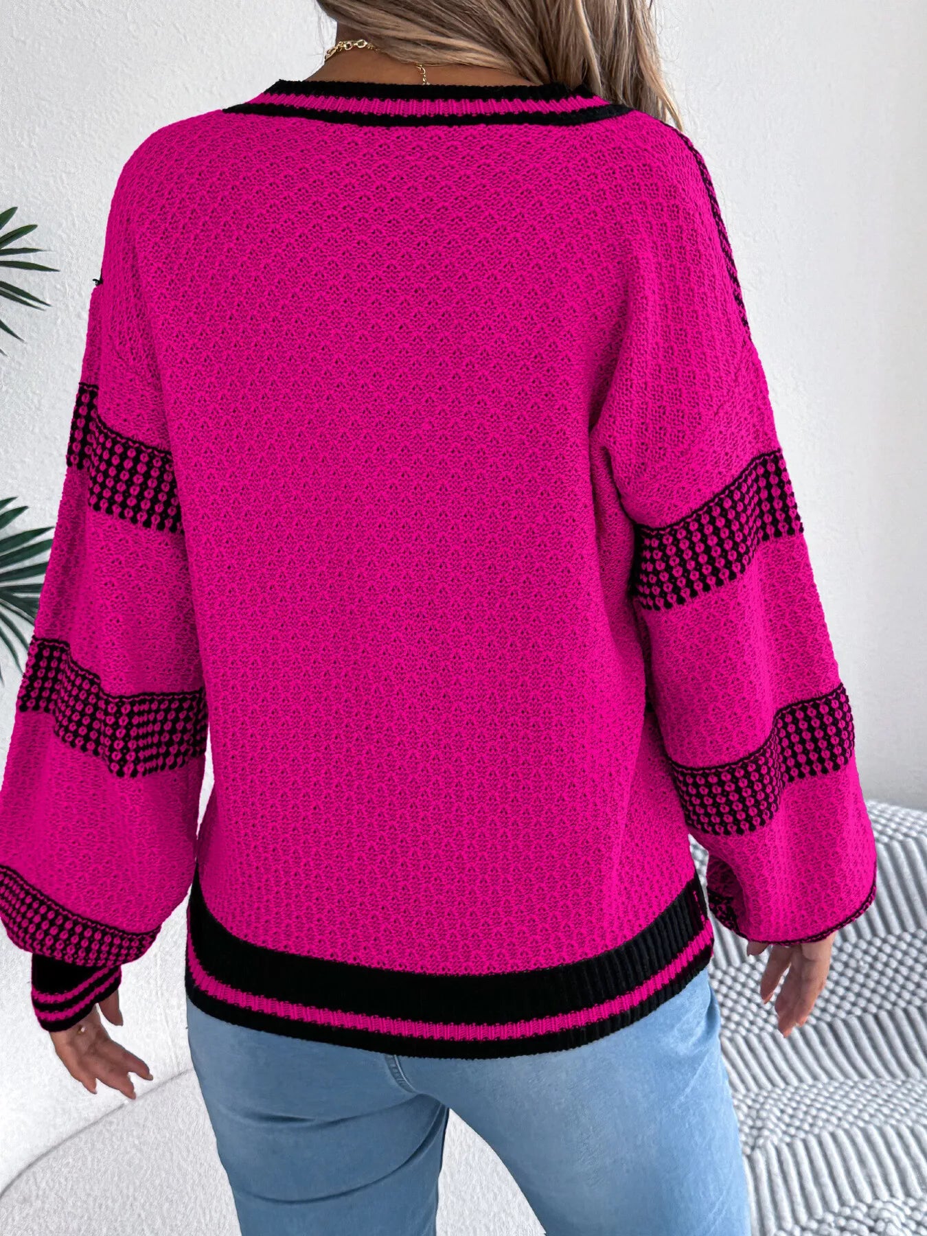 Contrast Striped V-Neck Sweater - Tigbul's Variety Fashion Shop