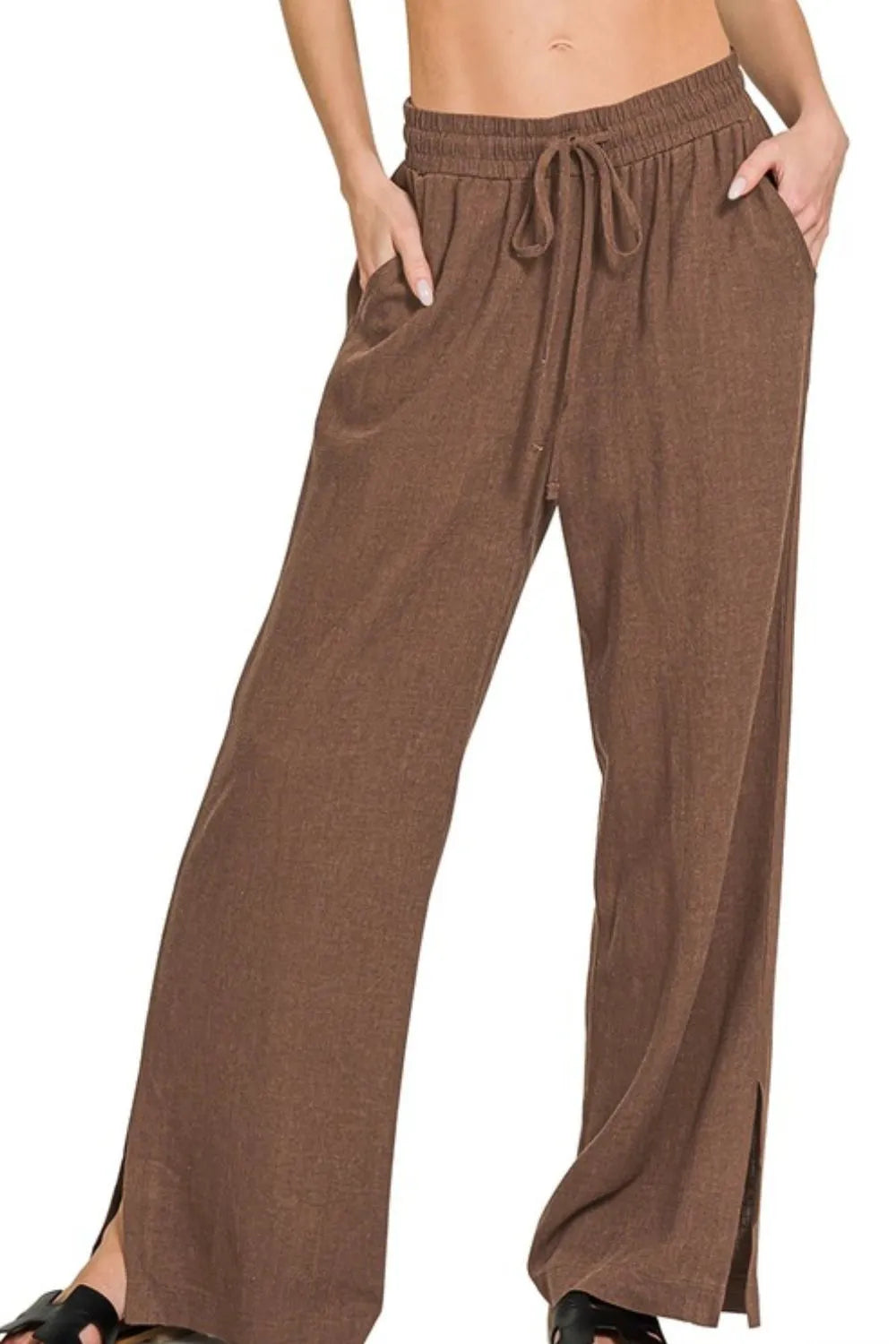 Brown Linen Drawstring Pants - Tigbul's Variety Fashion Shop