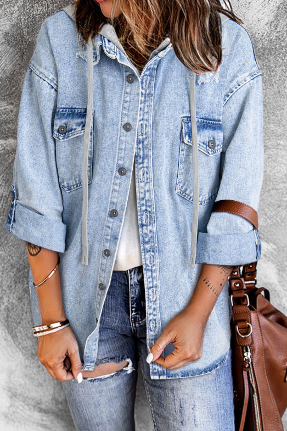 Distressed Button Up Hooded Denim Jacket with Pockets - Tigbul's Variety Fashion Shop