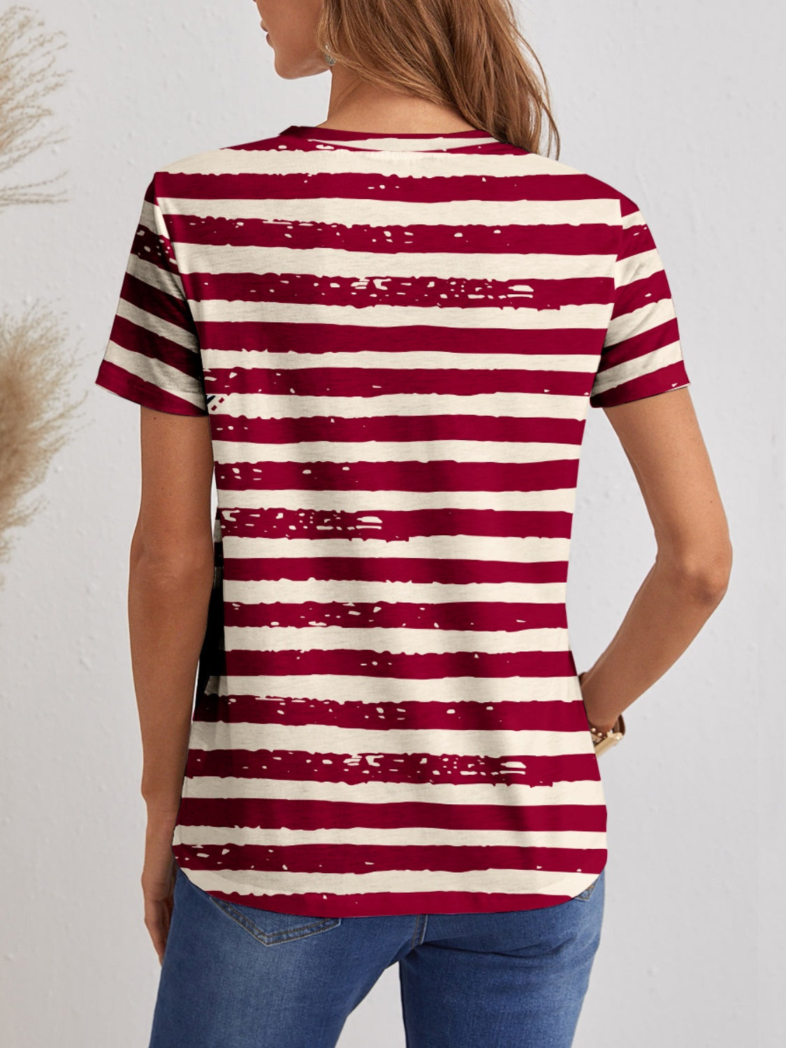 Striped V-Neck Short Sleeve T-Shirt - Tigbuls Variety Fashion