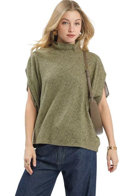 Light Olive Textured Mock Neck Relaxed Top - Tigbuls Fashion