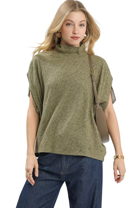 Light Olive Textured Mock Neck Relaxed Top - Tigbuls Fashion