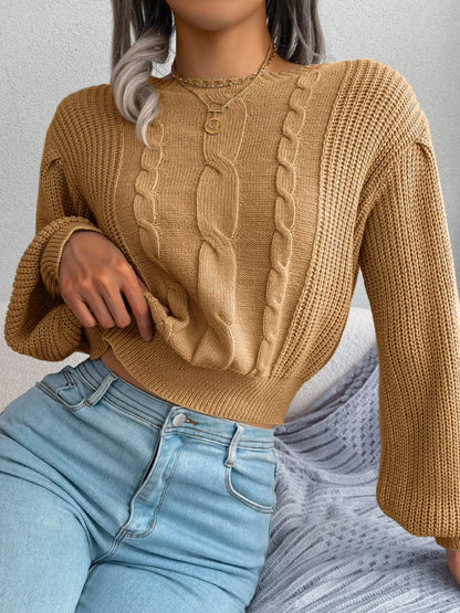 Cable Knit Round Neck Cropped Sweater - Tigbul's Variety Fashion Shop
