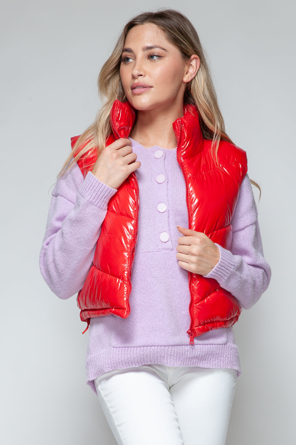 Red Zip Up Turtleneck Shiny Quilted Vest - Tigbul's Variety Fashion Shop