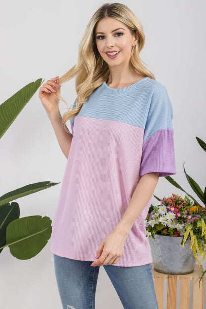 Celeste Full Size Ribbed Color Block T-Shirt - Tigbuls Variety Fashion