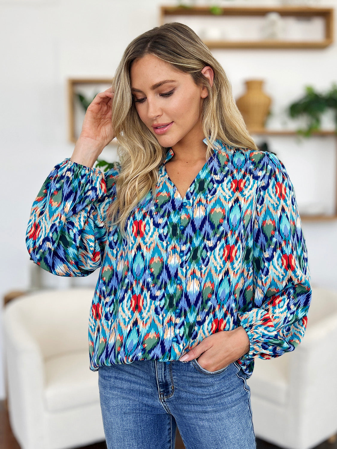 Blue Printed Balloon Sleeve Blouse Small up to 3XL - Tigbul's Variety Fashion Shop